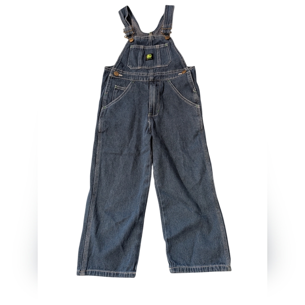 John Deere Blue Denim Overalls‎ Green Stitching Patch Size 6 Youth